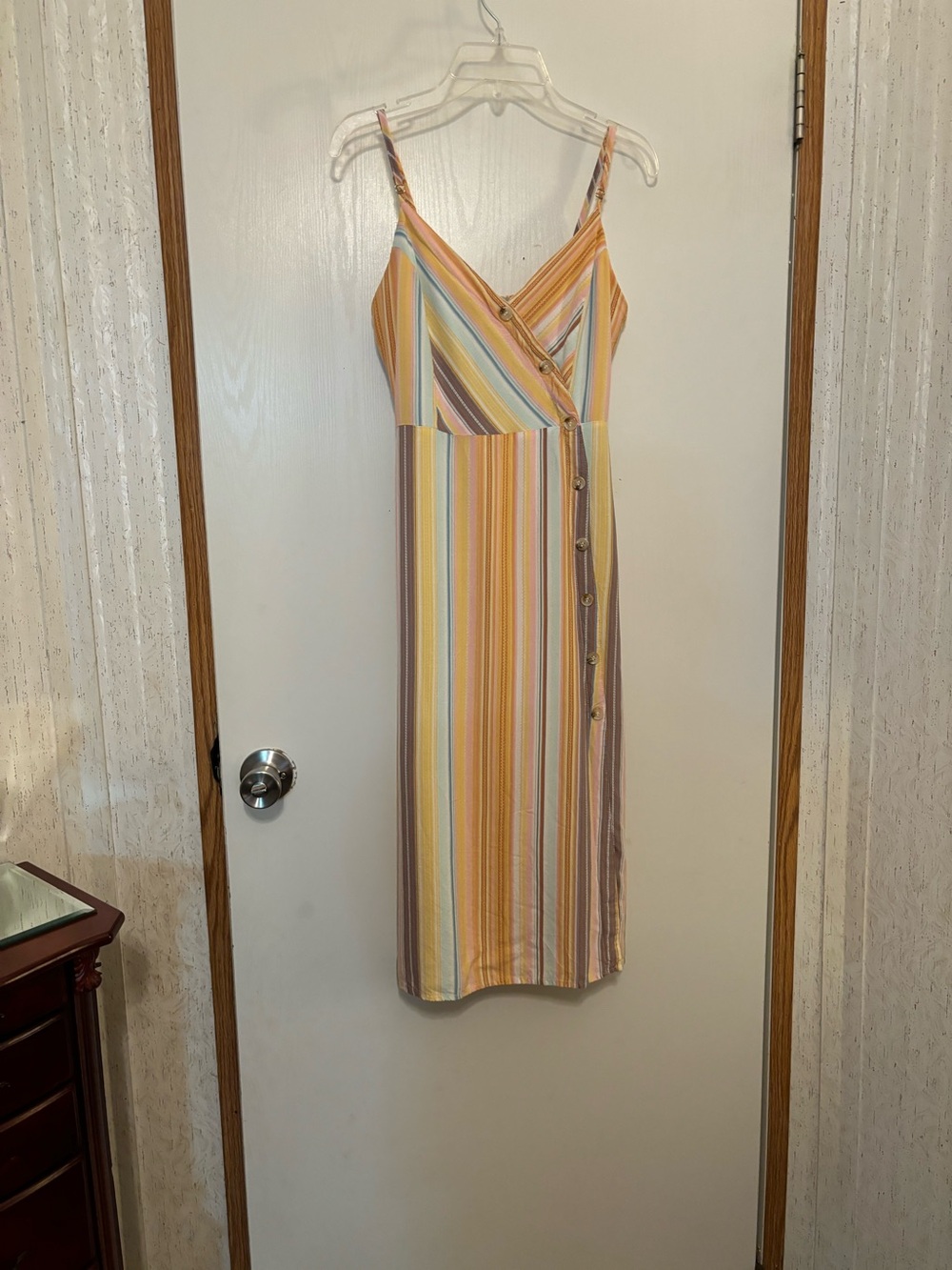 Cozy Casual Yellow Multi-Stripe Midi Dress with Button Placket